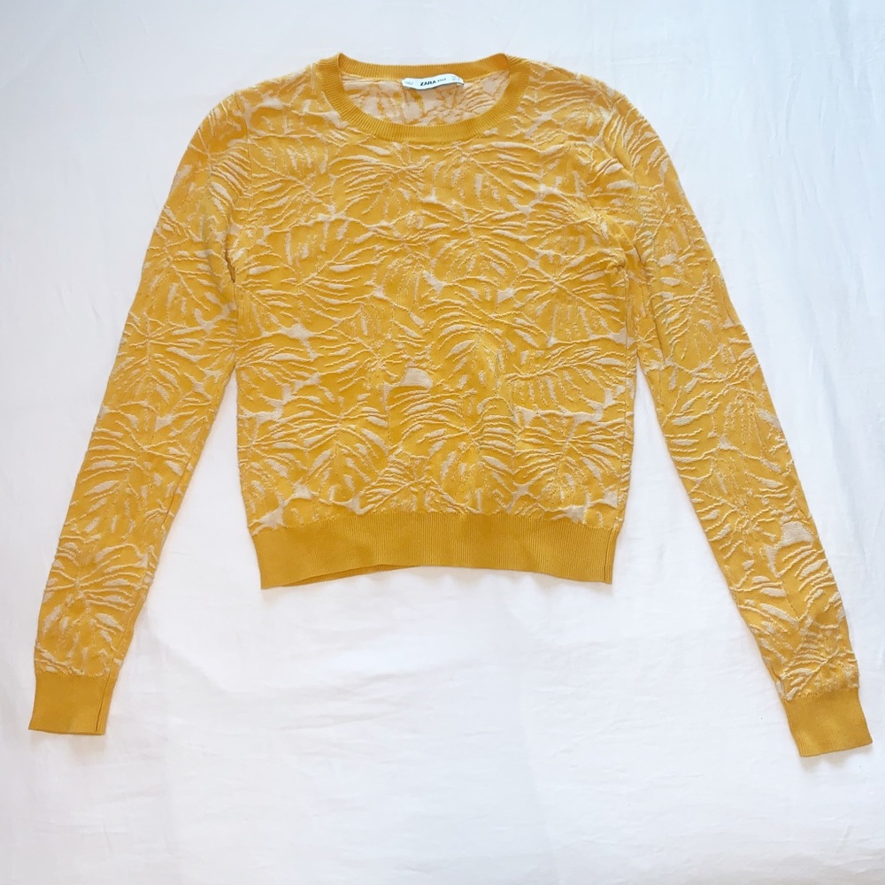 Zara Two-Toned Yellow and White Sweater with Botanical/Leaf Print